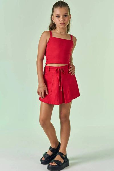 Conjunto de Blusa Cropped e Short Saia em Blend de Linho com Elastano 86689 Vic&Vicky Teen Menina