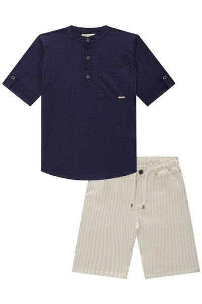 Conjunto de Bata em Linho Deluxe e Bermuda em Tecido Alfaiataria Linen Fio Tinto com Elasta 78665 Johnny Fox