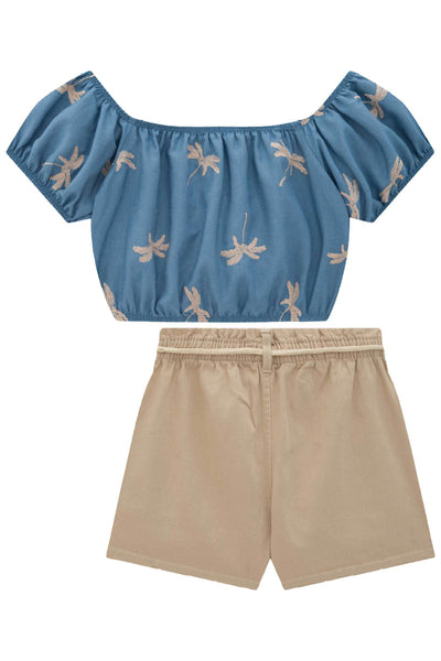 Conjunto de Blusa Cropped em Chambray e Shorts em Sarja com Elastano 77770 Vic&Vicky