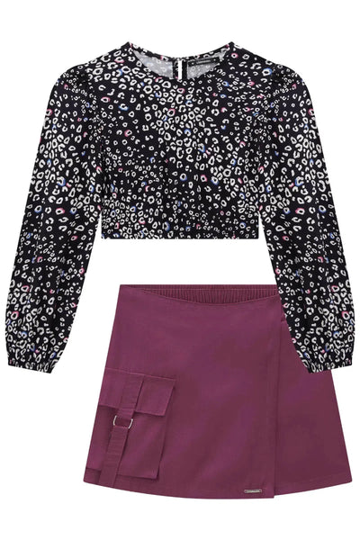 Conjunto de Blusa Cropped em Viscose Digital e Short Saia em Tecido Blend Viscose 81400 Lilimoon Teen Menina