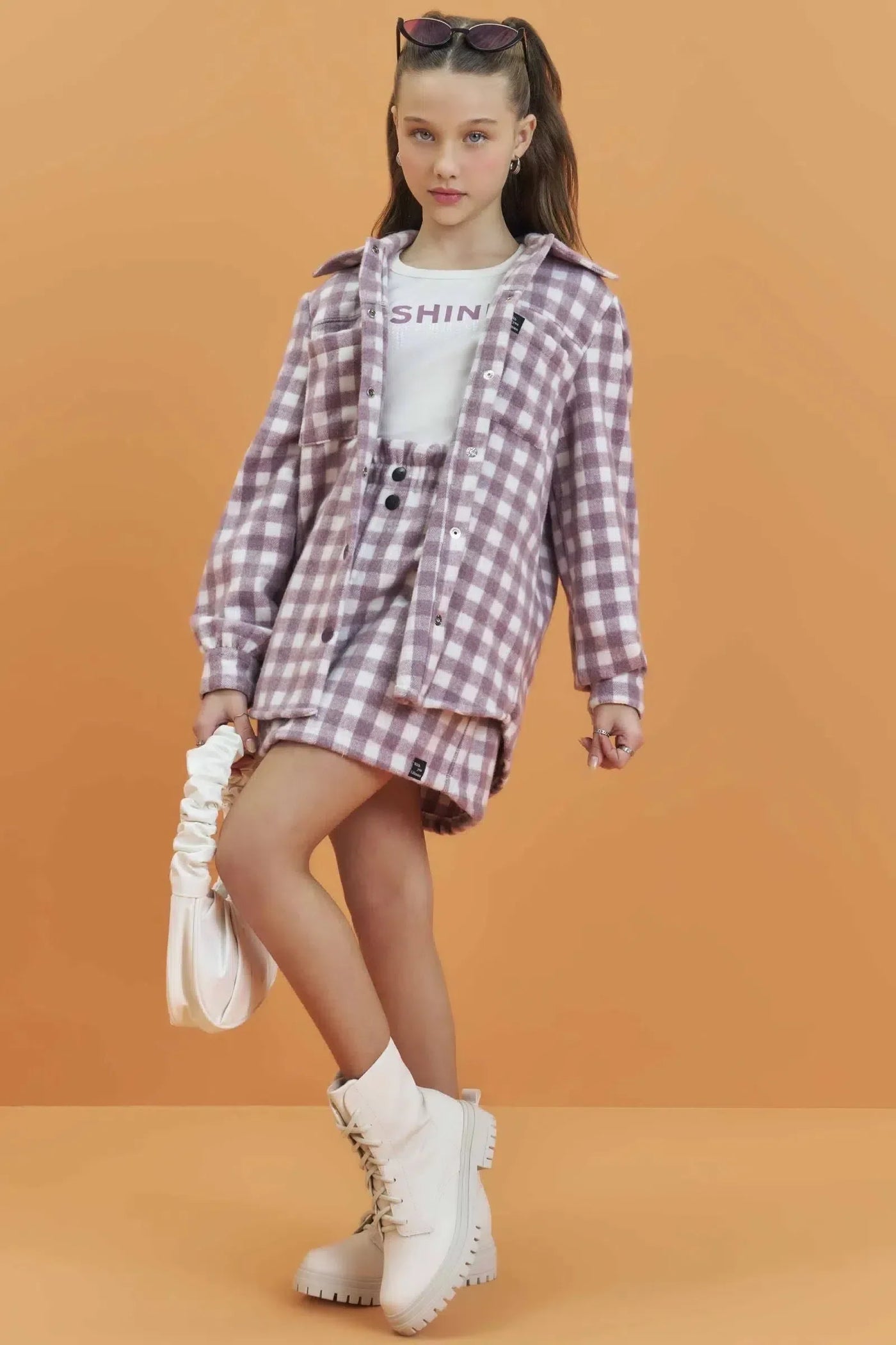 Conjunto de Blusa em Cotton e Saia em Xadrez Mônaco 81414 Lilimoon Teen Menina
