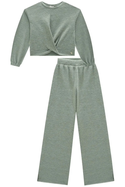 Conjunto de Blusão Cropped Over e Wide Leg em Tricot Soft 81035 Vic&Vicky Teen Menina