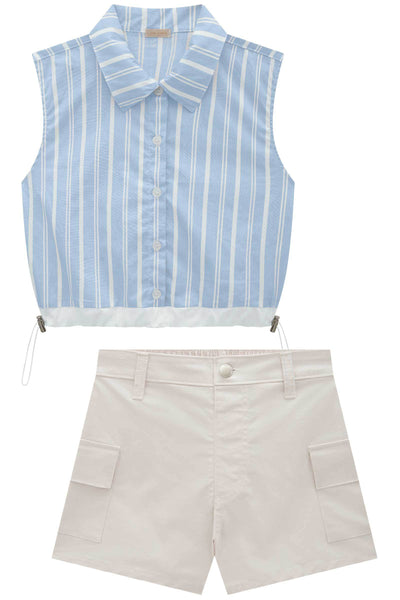 Conjunto de Camisa Boxy Over em Tricoline e Shorts em Sarja com Elastano 83920 Vic&Vicky Teen Menina