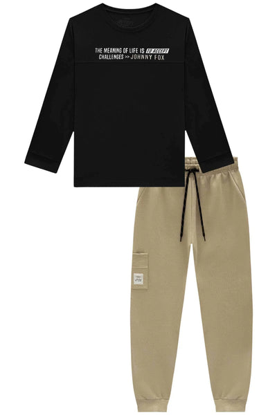 Conjunto de Camiseta em Meia Malha e Calça Jogger em Moletom sem Pelúcia 80696 Johnny Fox Teen Menino