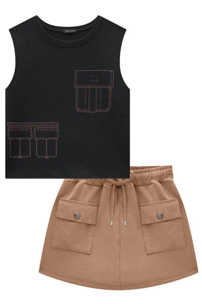 Conjunto Teen Menina de Regata Boxy em Cotton e Short Saia em Molevisco 81989 Vic&Vicky