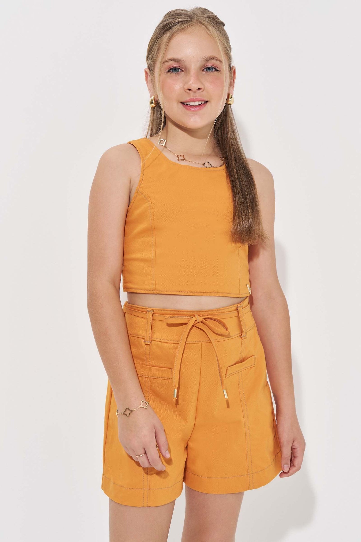 Conjunto de Top Cropped e Shorts em Sarja com Elastano 84971 Vic&Vicky Teen Menina