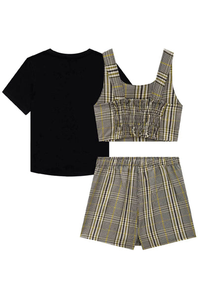 Trio de Blusa Boxy em Meia Malha Top e Short Saia em Tecido Alfaiataria Stella 80546 Lilimoon Teen Menina