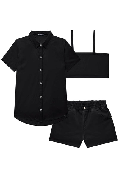 Trio de Camisa em Tricoline Top em Canelado Mauí e Shorts em Sarja Sarja com Elastano 75140 Lilimoon